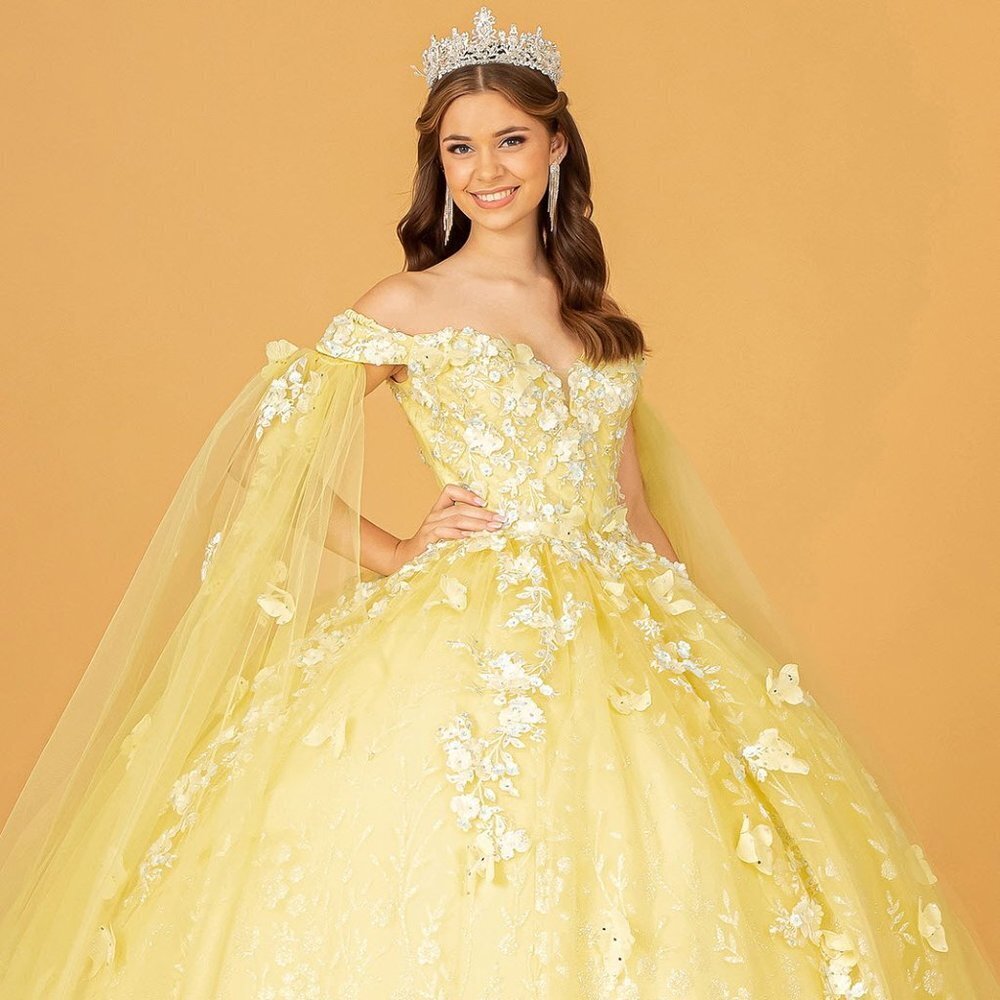 NEW OFF THE SHOULDER SLEEVELESS BALL GOWN WITH MESH CAPE & LACE UP BACK GL 3111